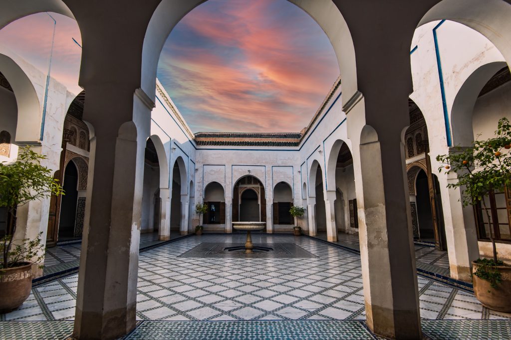 Bahia Palace with Traditional Arabic Tiles and Fountain, Marrakesh in Morocco.
